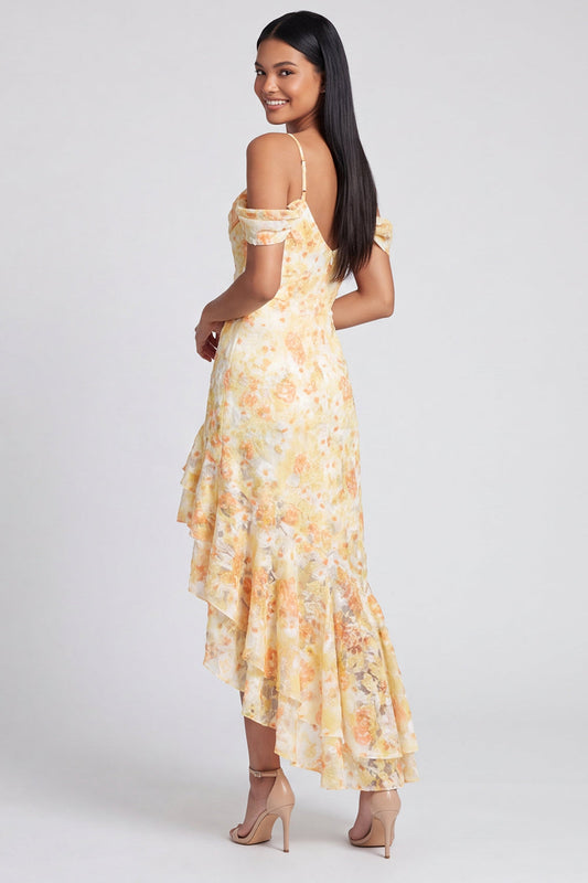 Yellow Cold Shoulder Ruffled Asymmetrical Floral Dress