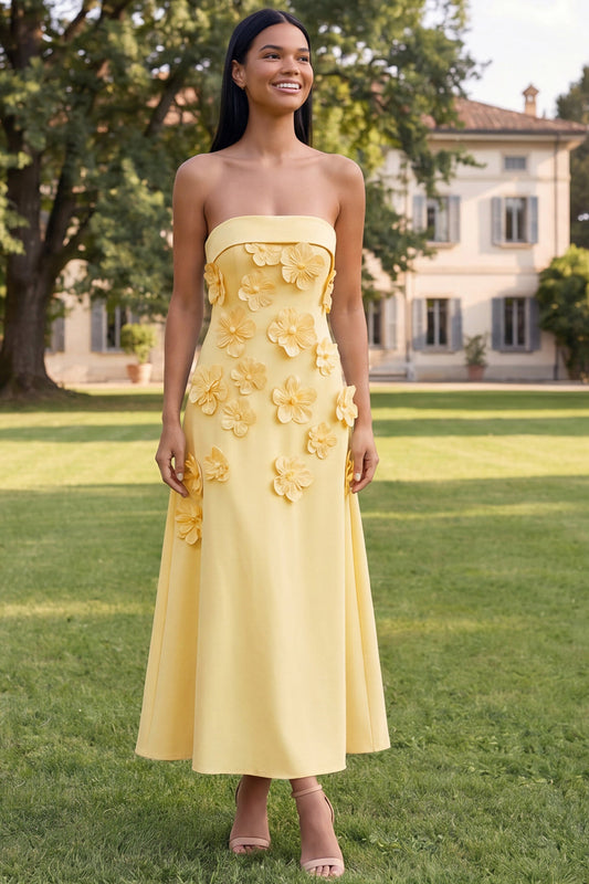 A-Line Yellow Strapless Midi Floral Dress
