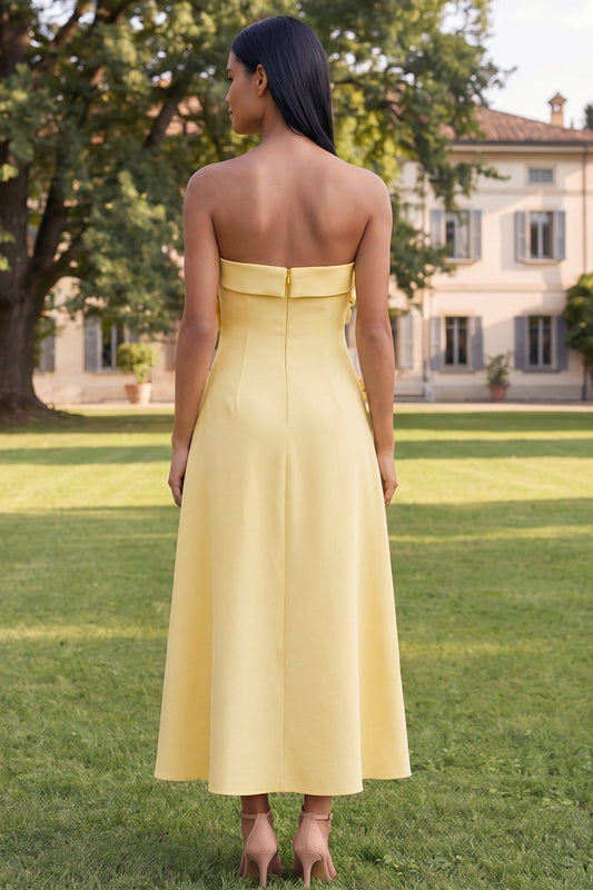 A-Line Yellow Strapless Midi Floral Dress