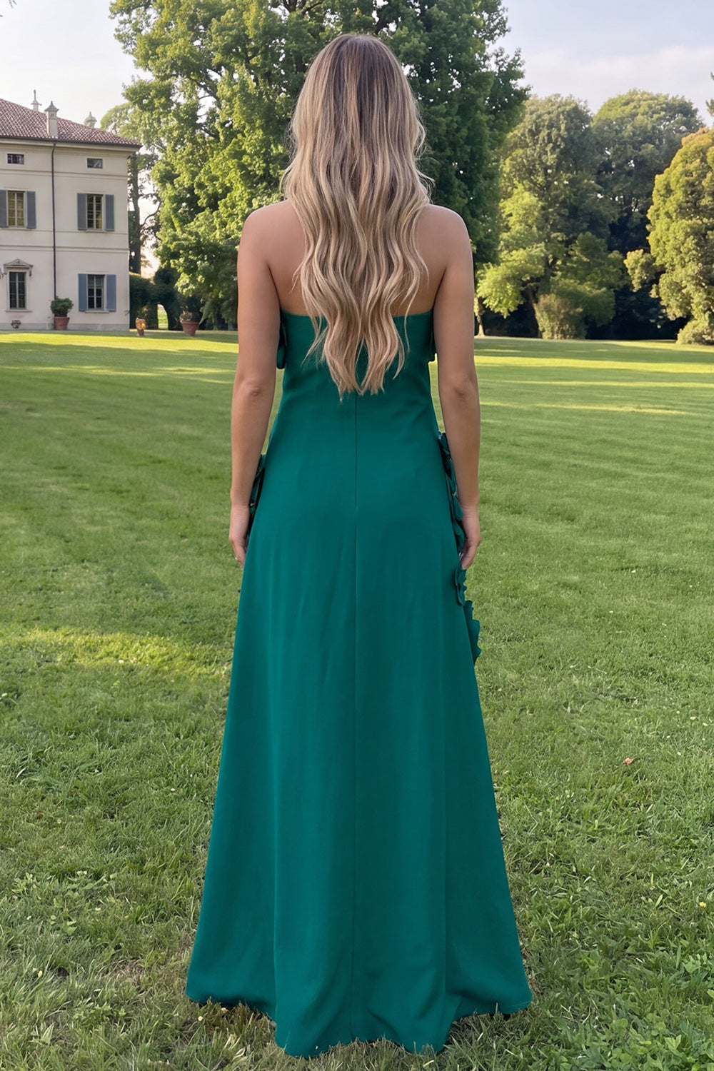 Robe longue évasée bustier fleurie vert sauge