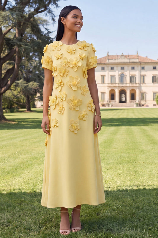 Yellow Round Neck A-Line Midi Dress with 3D Flowers