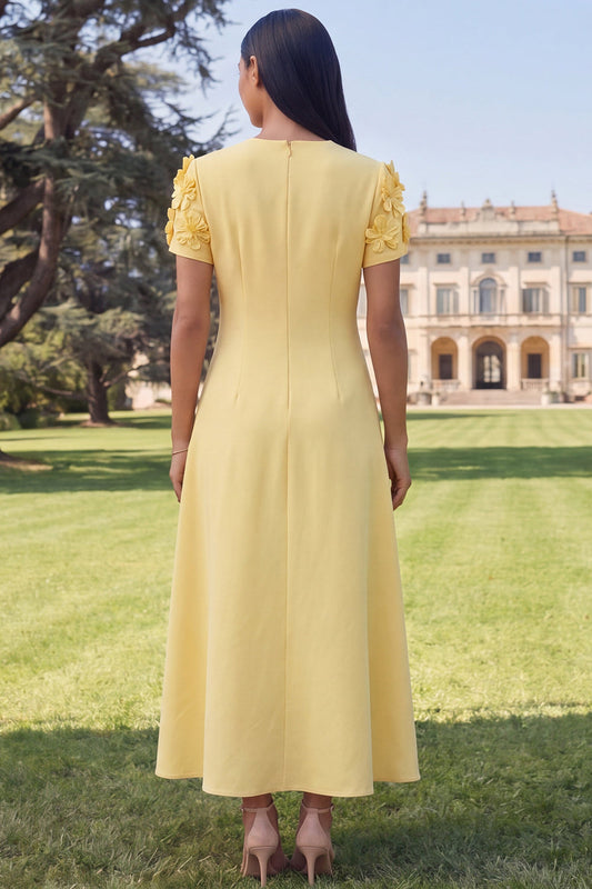 Yellow Round Neck A-Line Midi Dress with 3D Flowers