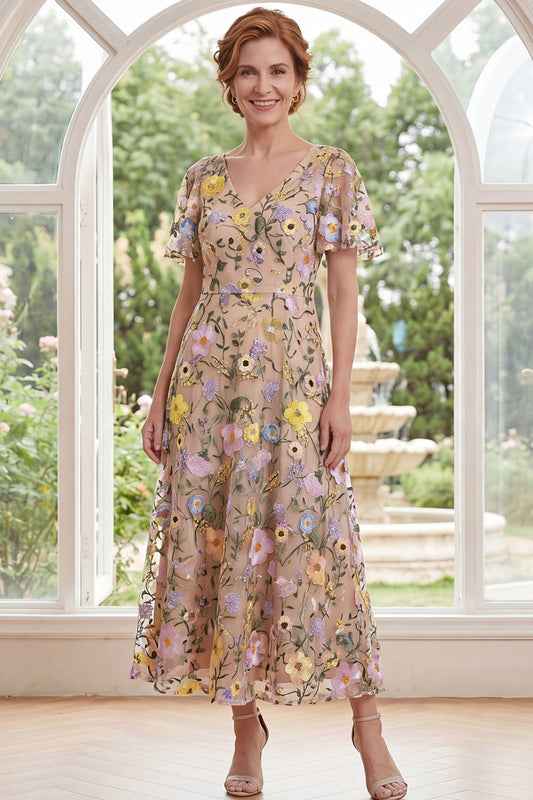 Champagne Tulle A-Line V-Neck Embroidered Midi Mother Of the Bride Dress