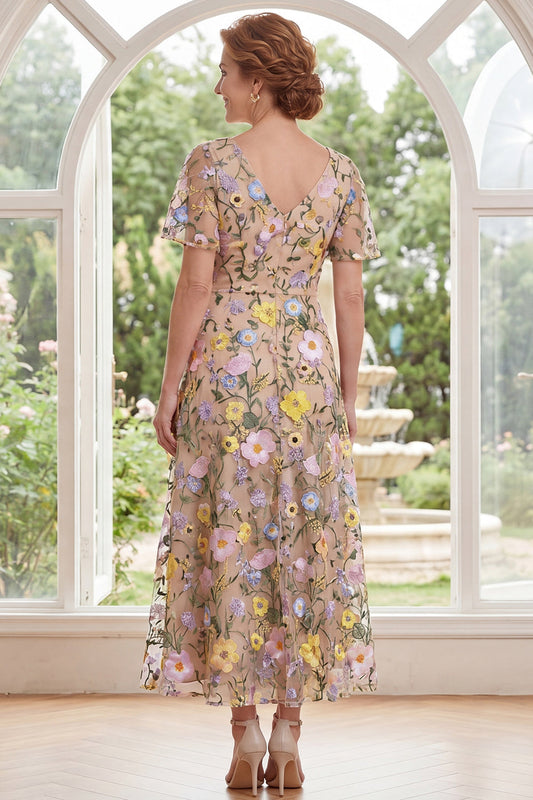 Champagne Tulle A-Line V-Neck Embroidered Midi Mother Of the Bride Dress