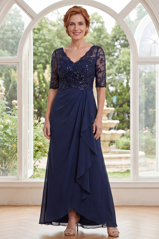 Navy V-Neck Chiffon Beaded Long Mother Of the Bride Dress with Ruffles