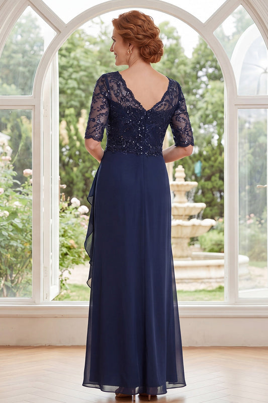 Navy V-Neck Chiffon Beaded Long Mother Of the Bride Dress with Ruffles