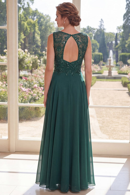 Robe longue de mère de la mariée en mousseline vert foncé col en V perlée