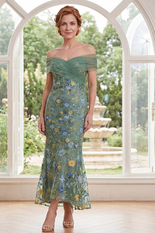 Robe de Mère de la Mariée Longue Épaule Dénudée Broderie Florale Vert Sirène