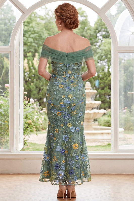 Robe de Mère de la Mariée Longue Épaule Dénudée Broderie Florale Vert Sirène