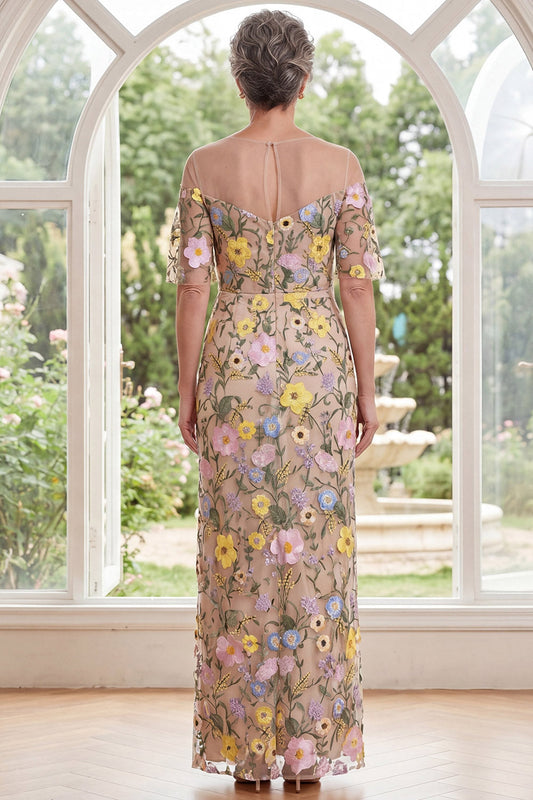 Champagne Illusion Neck Sheath Embroidered Floral Long Mother Of The Bride Dress with Slit