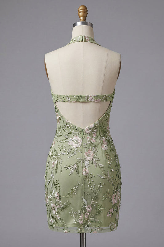Robe de bal dos nu vert sauge, transparente, style corset, moulante, brodée