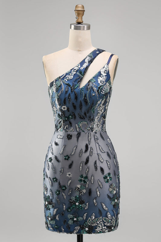 Sparkly Navy One-Shoulder Bodycon Sequin Floral Homecoming Dress