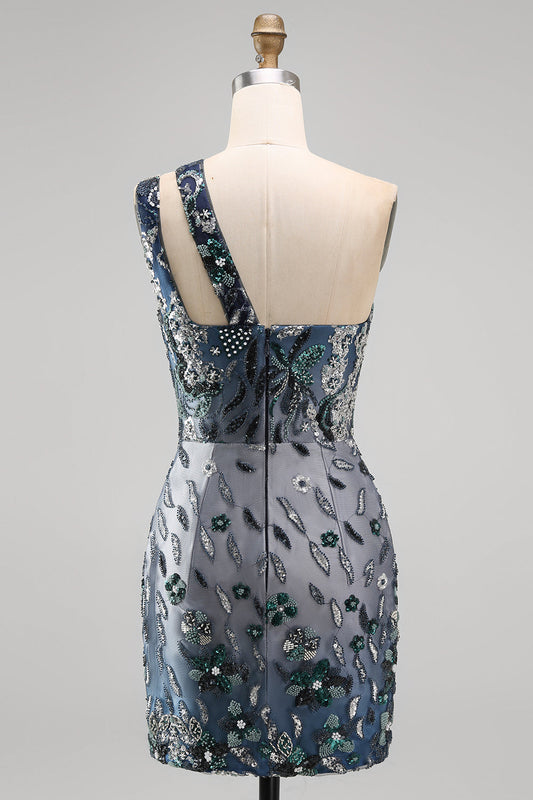 Sparkly Navy One-Shoulder Bodycon Sequin Floral Homecoming Dress