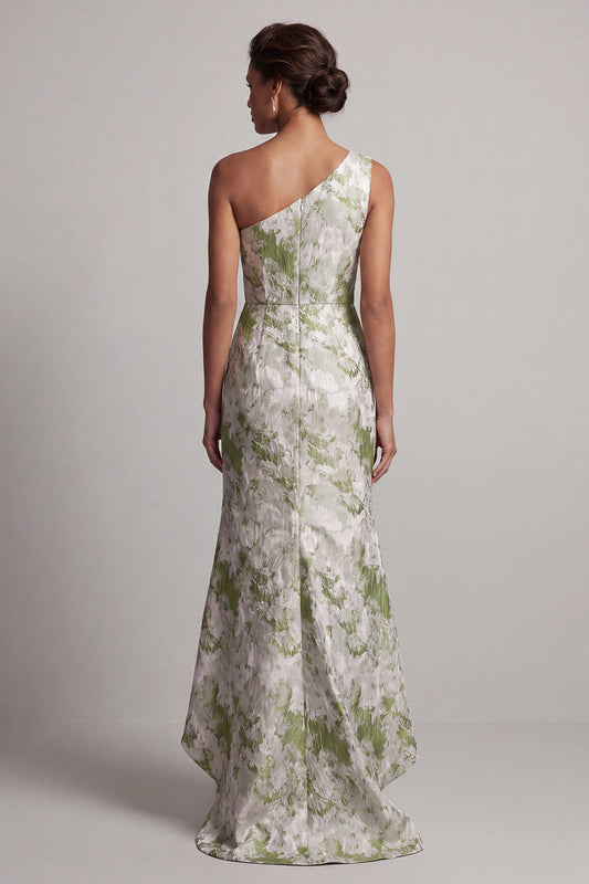 Robe longue sirène vert clair fleurie asymétrique pour mère de la mariée