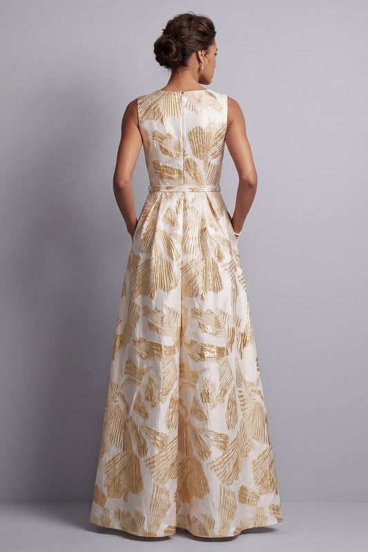 Champagne Jacquard Boat Neck Mother of the Bride Jumpsuits with Pockets