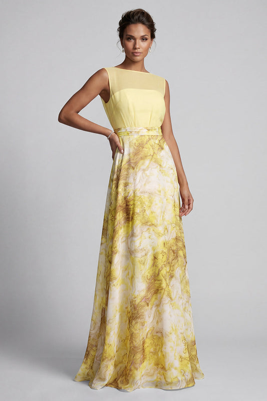 Robe Mère de la Mariée Longue Jaune Imprimée Florale, Col Bateau, Coupe Évasée