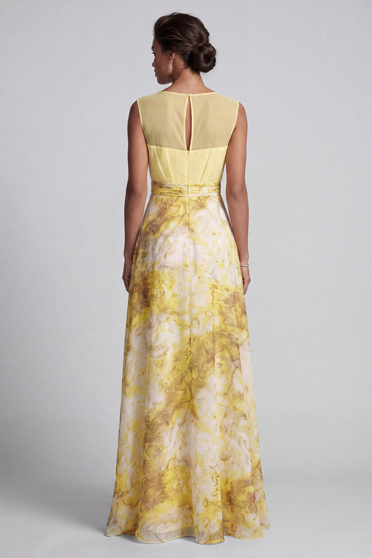 Robe Mère de la Mariée Longue Jaune Imprimée Florale, Col Bateau, Coupe Évasée