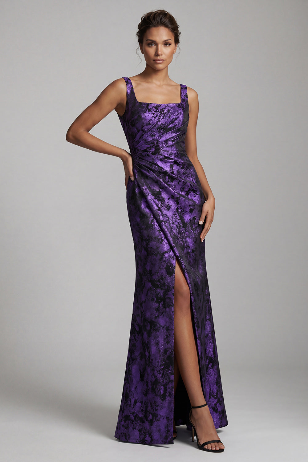 Floral Dark Purple Mermaid Ruched Long Mother of the Bride Dress with Slit