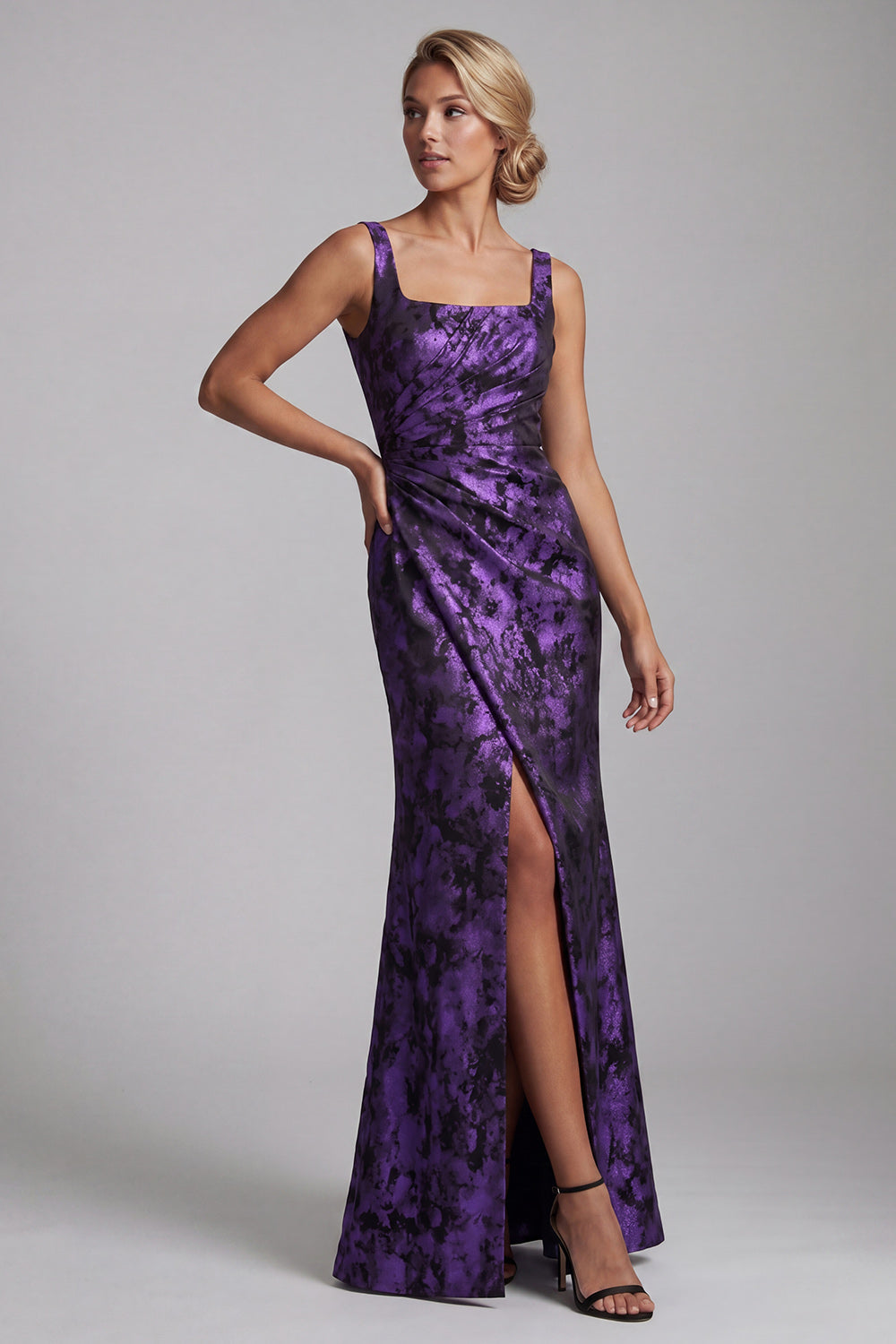 Floral Dark Purple Mermaid Ruched Long Mother of the Bride Dress with Slit