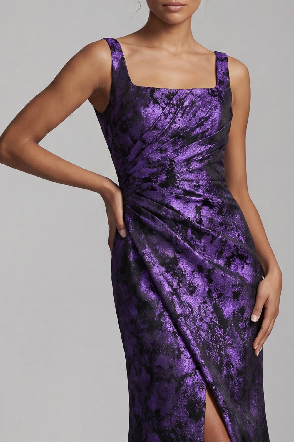 Floral Dark Purple Mermaid Ruched Long Mother of the Bride Dress with Slit
