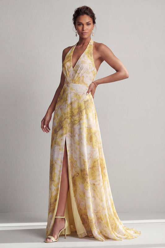 Halter A Line Long Yellow Floral Printed Mother of the Bride Dress with Slit