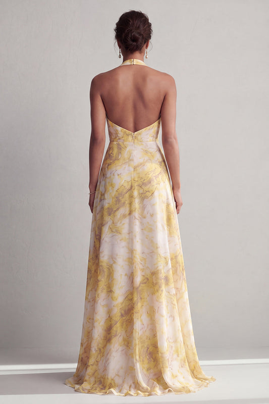 Halter A Line Long Yellow Floral Printed Mother of the Bride Dress with Slit