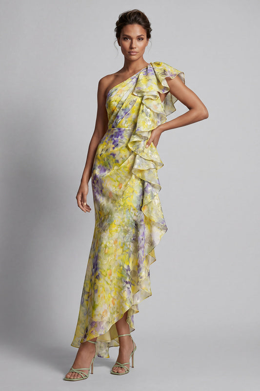 Robe longue de mère de la mariée sirène imprimée fleurs jaunes à volants