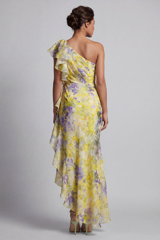 Robe longue de mère de la mariée sirène imprimée fleurs jaunes à volants