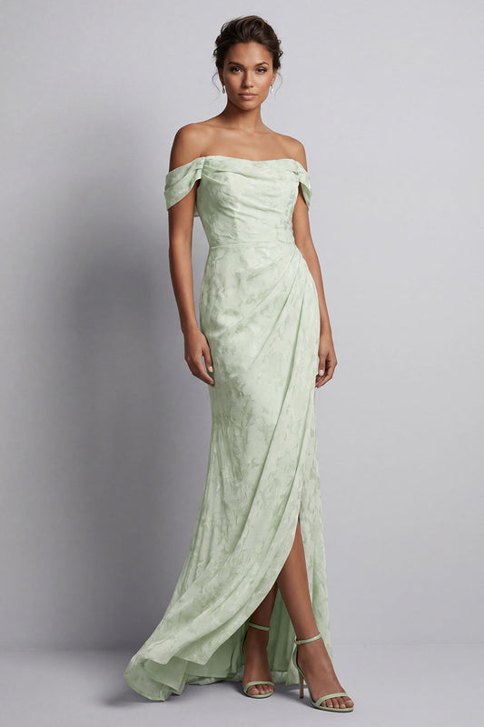 Robe de soirée sirène longue plissée vert clair fendue à motif floral pour la mère de la mariée