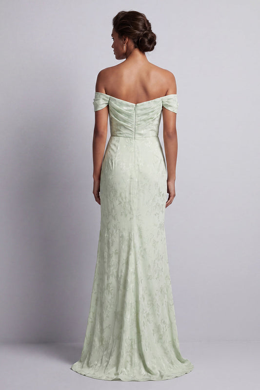 Robe de soirée sirène longue plissée vert clair fendue à motif floral pour la mère de la mariée