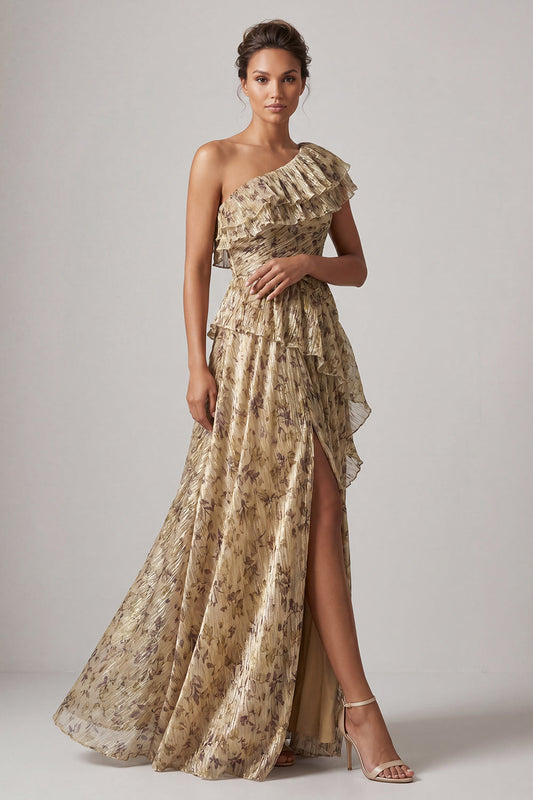 A-line Champagne Long Floral Ruffled Mother of the Bride Dress with Slit