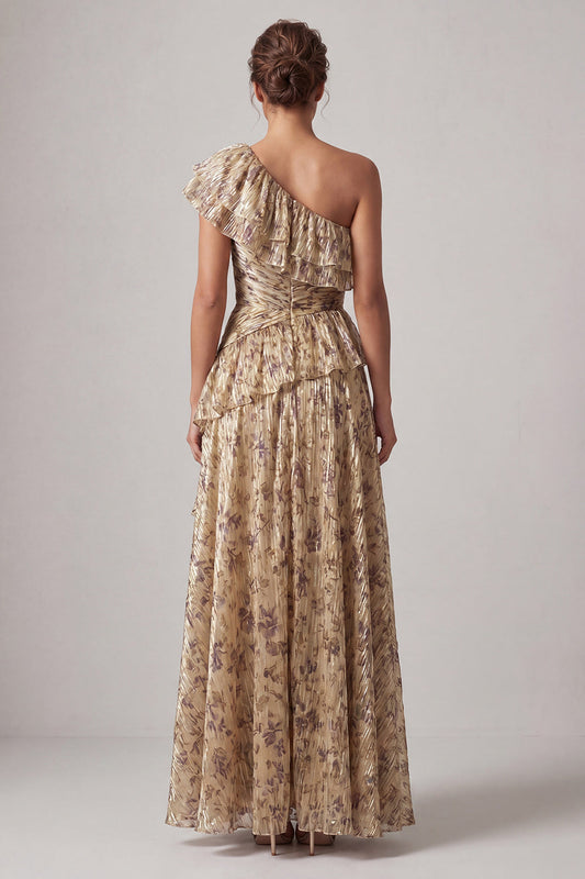 A-line Champagne Long Floral Ruffled Mother of the Bride Dress with Slit
