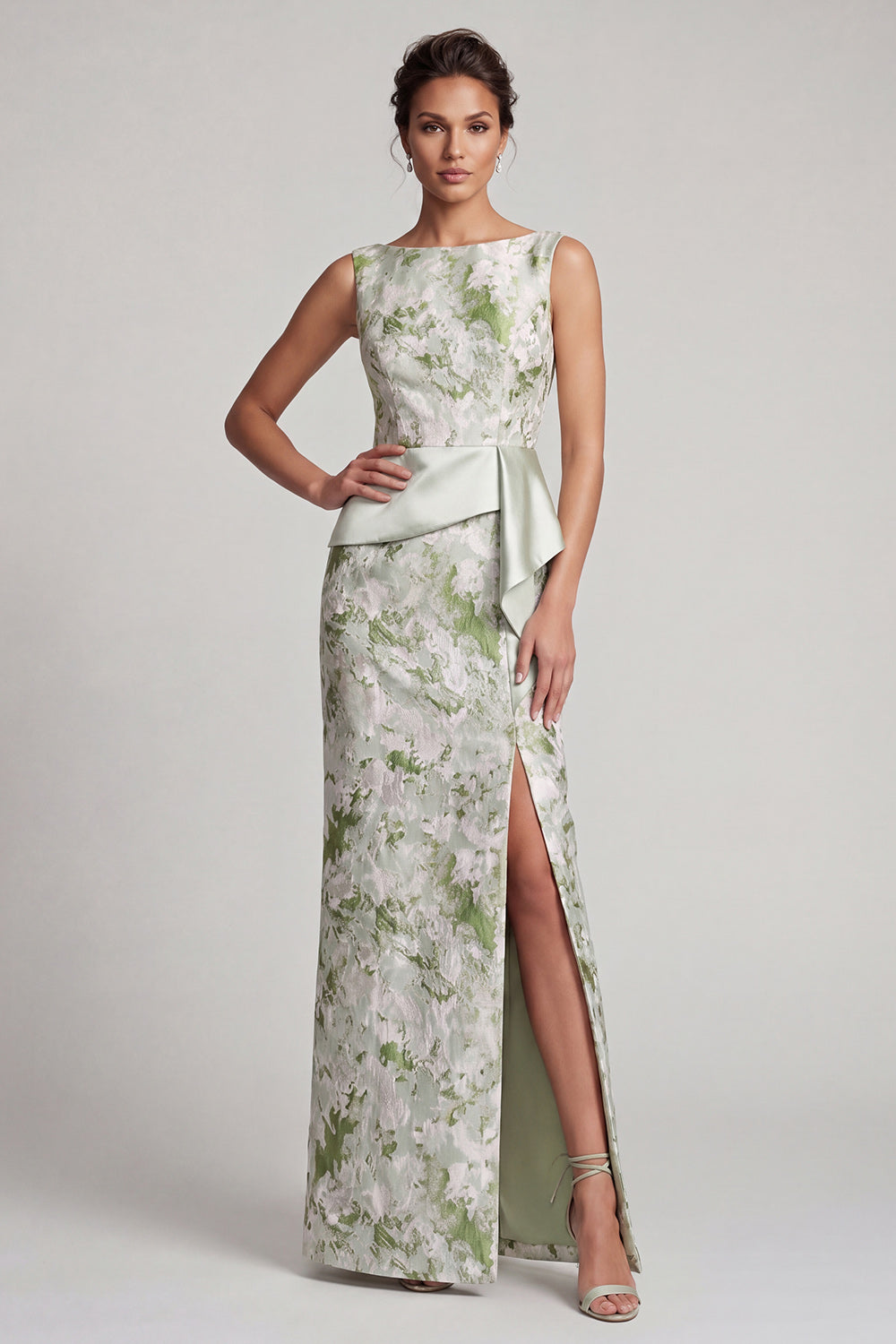 Fourreau Vert clair floral Longue Robe de Mère de la mariée avec ceinture