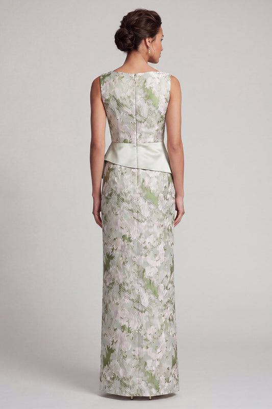 Fourreau Vert clair floral Longue Robe de Mère de la mariée avec ceinture