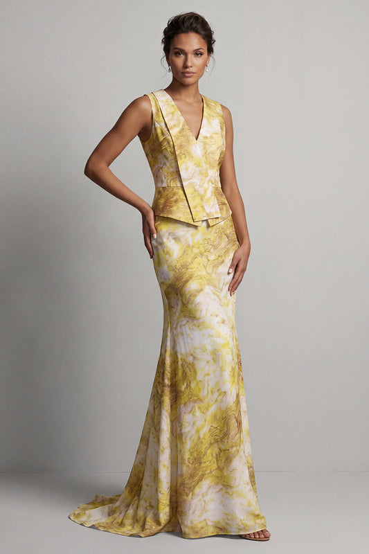 Floral Mermaid Long Printed Yellow Mother of the Bride Dress with Sash