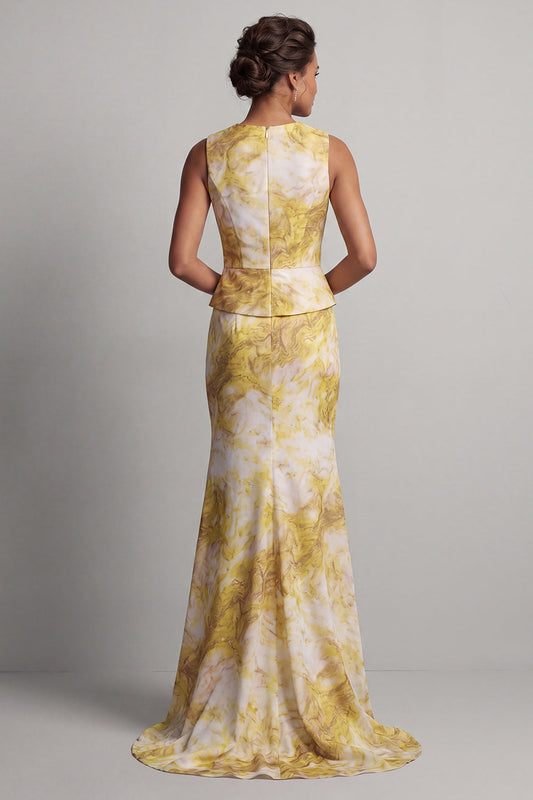 Floral Mermaid Long Printed Yellow Mother of the Bride Dress with Sash