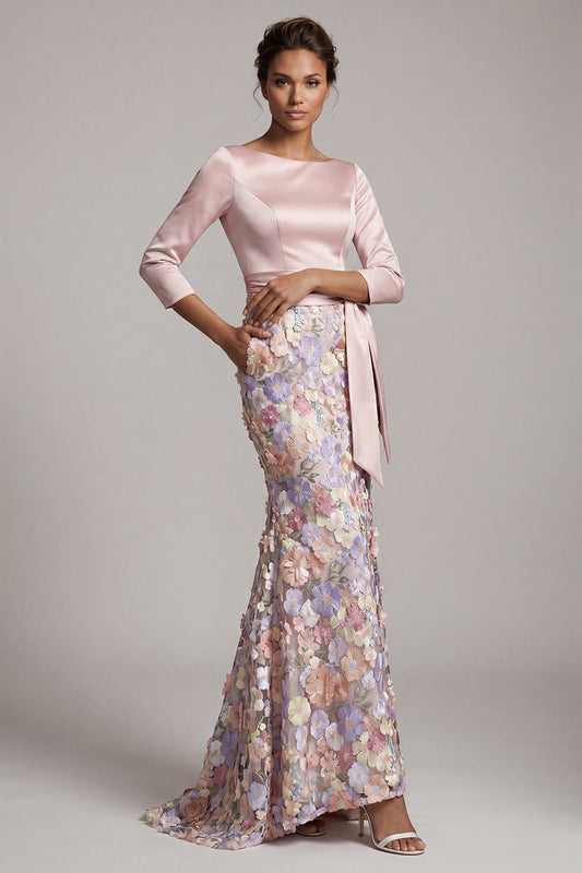 Boat Neck Blush Long Mermaid Floral Mother of the Bride Dress with Pockets
