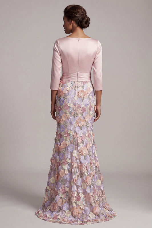 Boat Neck Blush Long Mermaid Floral Mother of the Bride Dress with Pockets
