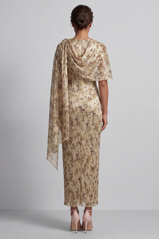Champagne Beaded Sheath Long Floral Mother of the Bride Dress with Cape