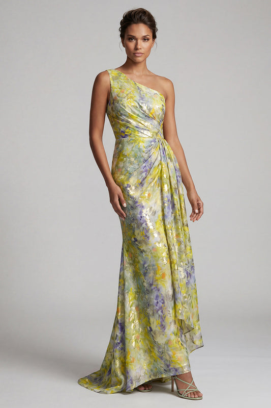 One Shoulder Yellow Floral Mermaid Long Printed Mother of the Bride Dress