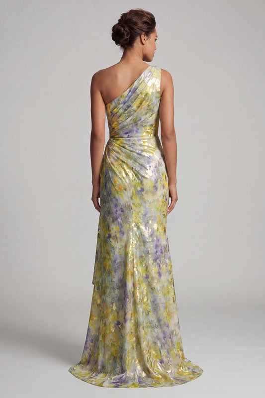 One Shoulder Yellow Floral Mermaid Long Printed Mother of the Bride Dress