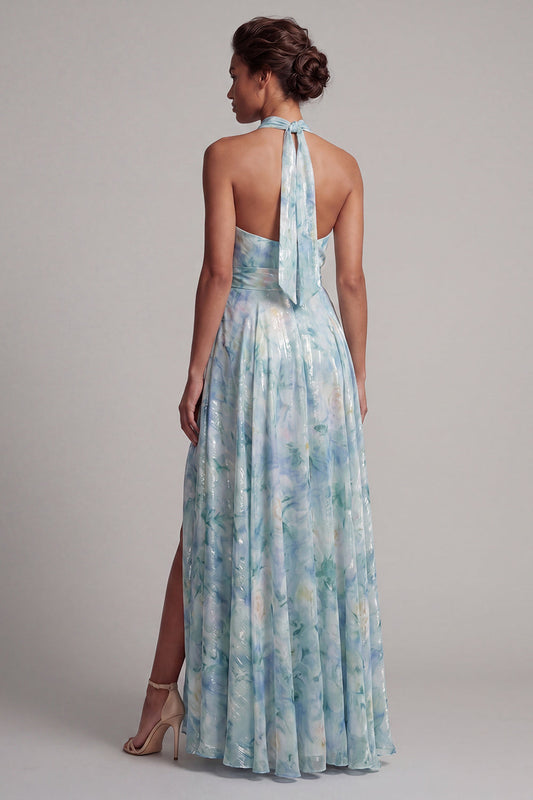 Robe longue de mère de la mariée vert clair évasée à motif floral et découpe goutte d'eau avec poches