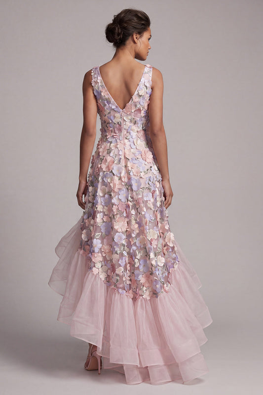 A Line Blush High Low Floral V-Neck Mother of the Bride Dress with Ruffles