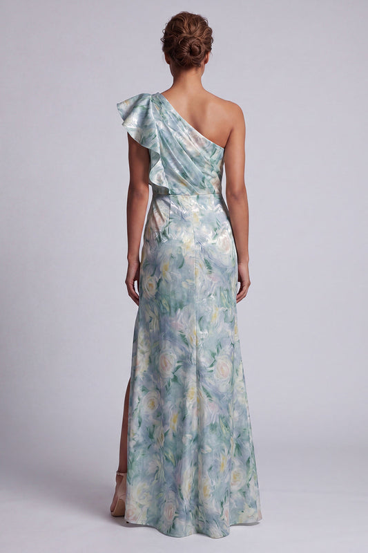 Robe longue de mère de la mariée sirène vert clair à volants avec fente et imprimé floral