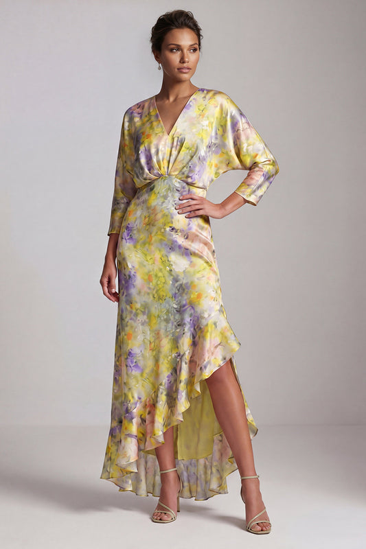 Robe de mère de la mariée jaune à encolure en V, volants et ourlet asymétrique