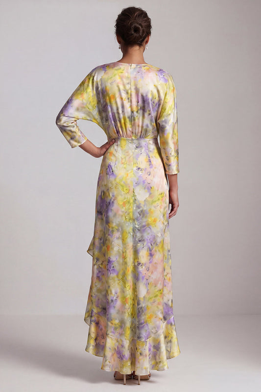 Robe de mère de la mariée jaune à encolure en V, volants et ourlet asymétrique