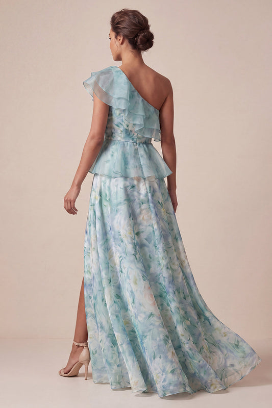 Robe de mère de la mariée vert clair asymétrique avec volants et coupe trapèze
