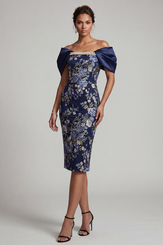 Navy Off-the-Shoulder Floral Bodycon Midi Mother of the Bride Dress with Beading