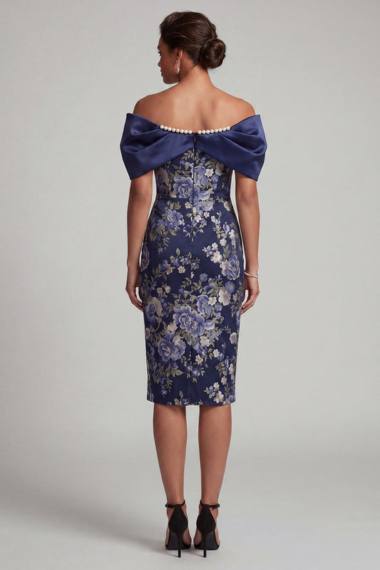 Navy Off-the-Shoulder Floral Bodycon Midi Mother of the Bride Dress with Beading