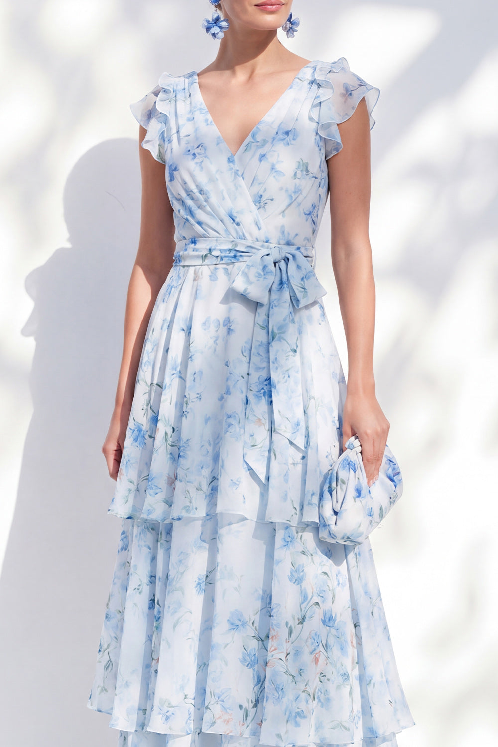 Robe longue de mère de la mariée en mousseline de soie, coupe trapèze, bleu floral, col en V, à plusieurs niveaux, à volants, avec ceinture